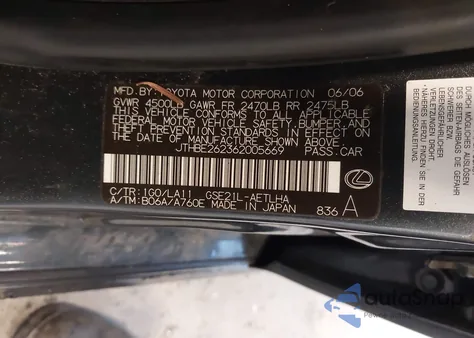 2006 Lexus Is 350 from USA, damaged, VIN JTHBE262362005669